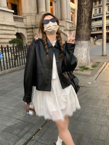 Black Leather Jacket Womens 2025 Autumn New Style High-End Feel Short Motorcycle Jacket Trendy Small Size Commuter PU Material