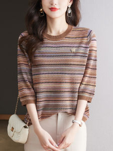 เสื้อถักคอตตอนผู้หญิงหลวมๆ บางๆ แขนยาวเจ็ดส่วน ทรงหลวมๆ ลายทาง เสื้อชั้นในฤดูใบไม้ร่วงและฤดูใบไม้ผลิ