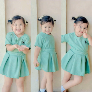 Kids Girls Plain Terno Set with Skirt | Soft Ribbed Cotton Co-Ord Outfit | Casual Pambahay & Pang Gala Dress