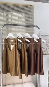 Trắng/ Rêu/ Nâu Lụa gân ánh kim mát mẻ ngực 2 lớp Áo lụa ba lỗ cổ tim cộc tay form chữ A basic dễ mặc gợi cảm sang xịn LADO TOP