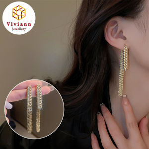 Viviann Original Design Trend Long Wire Tassel Pendants Drop Earrings womens Straight Hanging Earings Jewelry Long Gold Plated Crystal Tassel Drop Earrings For Women Wedding Fashion Jewelry Gift