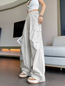 Slimming Straight Leg Workwear Pants Women Summer Thin Casual Loose Fit Student High Waist Long Trousers Korean Style Polyester Fiber