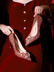 Red Crystal Wedding Shoes for Women 2025 New Autumn Two-Way Wear Bride Shoes Chinese Wedding High Heels Fashionable Pearl Embellished