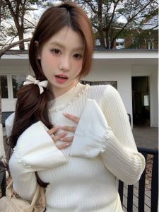 Áo Len Dệt Kim Dài Tay Ôm Vừa Vặn Thời Trang Mùa Thu Đông Cho Nữ Áo Sơ Mi Cơ Bản Có Chi Tiết Bèo Nhún Cổ Tròn Thường Ngày