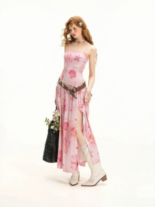 Unifree | Pink Ocean Print Loose Slit Beach Resort Long Dress