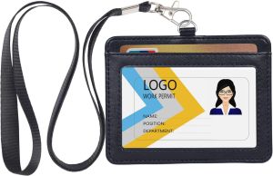 Badge Holder with Lanyard Leather ID Name Badge Card Holder with Lanyard for ID Badges Horizontal Black