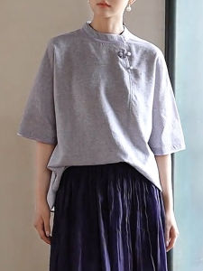 QINGNAER | Mandarin Collar Zen Purple Womens Blouse Summer