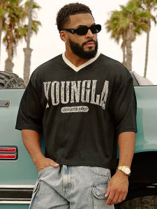 New 2025 Mens Loose Fit Casual Short Sleeve V-Neck T-Shirt Quick Dry Outdoor Sportswear Polyester Fiber American Style Fitness Top