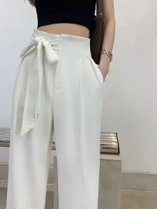 White High Waist Drapey Wide Leg Pants Womens Spring Autumn Thin Butterfly Knot Straight Loose Floor-Length Suit Pants