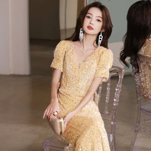 Elegant Sequin Fish Tail Evening Gown Womens Fashionable mid Waist Long Dress with Deep V Neck Short Sleeve for Banquet And Wedding
