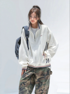 CHANT2nd | Waffle Knit Stand Collar Sweatshirt Jacket Female Autumn American Retro Loose Casual Sport