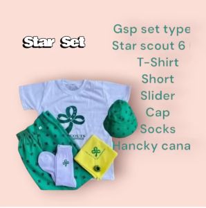 6in1 Type B GSP School Uniform Star Scout Set with Green Hat White T-Shirt Green Shorts White Socks and Yellow Badge