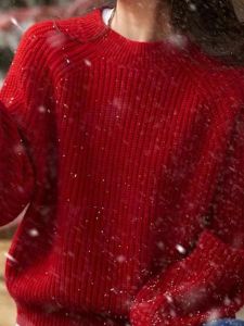 Red Soft Knitted Sweater round Neck Loose Fit Fashionable Vintage Style Womens Autumn Winter New Arrival Slimming Top