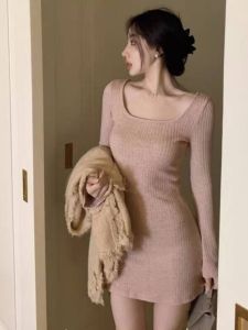 Pure Desire Style แขนกระดิ่งสีชมพูถักแขนยาว เดรส พรางหุ่น ชั้นฐาน กระโปรง รัดรูป Fit ฤดูใบไม้ร่วง ฤดูหนาว New Style Hot เด็กผู้หญิง