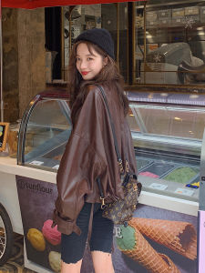 Retro Hong Kong Style PU Leather Jacket Womens Early Spring New Design American Oversize Motorcycle Biker Jacket Coat