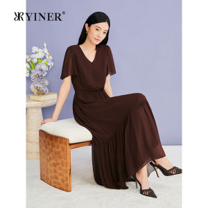 YINER | French Elegant V-Neck 100 Silky Folded Waist Cinching Dress