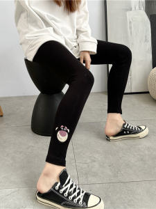 Spring 2024 New Style Womens Slim Fit Cotton Elastic Sports Base Layer Pants Cartoon Bear Head Embroidery High Waist Trousers