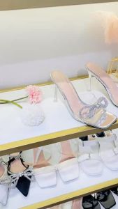 Giày vip guốc nữ HALEY STORE gót nhọn 9cm quai trong suốt đính đá nơ xoàn pha lê tiểu thư công chúa cô dâu tiệc cưới rẻ đẹp