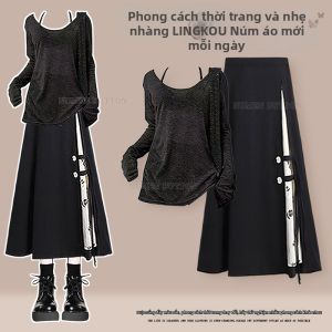 NUMEN BUTTON | Bộ Đồ Nữ Mùa Xuân Phong Cách Lười Elegance Kích Cỡ Lớn Áo Blouse và Quần Dài Midi Kiểu Trung Quốc
