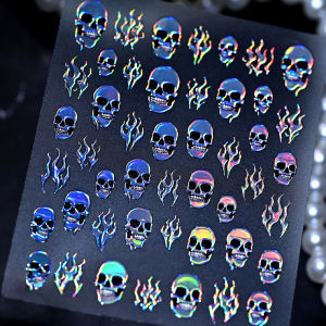 1Pcs Holographic Flame Skull Nail Stickers Laser Silver Red Purple Skeleton Nails Decals Halloween Party Manicure Decorations N