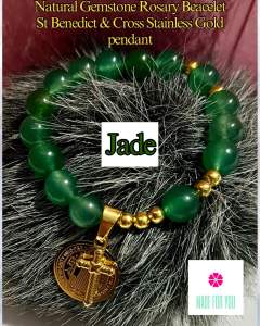 lucky charm Natural Gemstone Rosary Bracelet Stainless Gold St Benedict & Cross Pendant for women Blessed Cleansed
