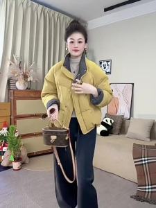 Warm Thickening Korean Style Stand Collar Grid Spliced Cuff Womens Winter Coat