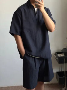 Summer Polo Shirt And Shorts Set for Men in Lyocell Linen Material with Half Zip Short Sleeve Sporty Casual Style Teen Friendly