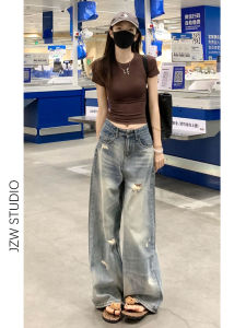 Quần Jeans Ống Rộng Cạp Cao Phong Cách Mỹ Cho Nữ Mùa Thu Quần Dài Dài Đến Sàn Ôm Dáng Cạp Cao Thường Ngày Quần Jeans Denim