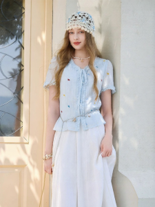 XIANGYING | Embroidered V-Neck Shirt Female Short Sleeve