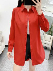 Red Chiffon Shirt Womens Midi Length Summer Outdoor Wear Sun Protection plus Size 200 Pounds Fat MM Striped Shirt Korean Style