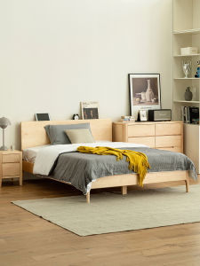 Nordic Style Adjustable Backrest Solid Wood Childrens Bed with Storage Simple Modern Double Bed for Small Apartments