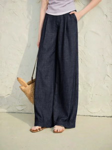 XIANGYING | Straight Leg Loose Wide Pants Light Thin Navy