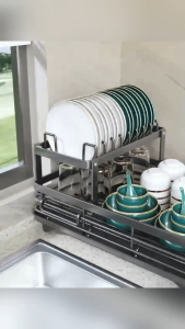 Double-tier draining rack with cup and cutlery holders compact draining rack sink storage rack kitchen worktop draining rack