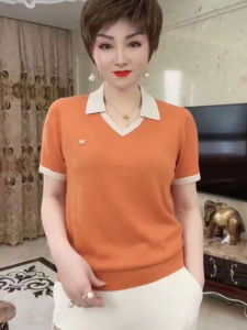 French คอวี Color Block Short Sleeve ฤดูร้อน เสื้อยืด หลวม ผู้หญิง เสื้อท่อนบน สําหรับ พลัสไซส์ ปกปิดเนื้อ หลากหลาย ทันสมัย Mom Wear