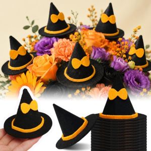 10Pcs Cute Mini Felt Witch Hats with Bow Halloween Party Cake Top Wine Bottle Decorations