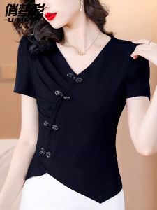 New Chinese Style Black Short-Sleeved T-shirt Womens 2024 New Arrival Best Selling Summer V-neck Irregular Top National Style Buckle T-shirt