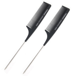 Black Rat Tail Comb Steel Pin Rat Tail Carbon Fiber Heat Resistant Teasing Combs with Stainless Steel Pintail Hair Styling Tools