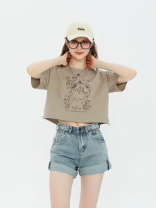 Café Short Sleeve Womens T-Shirt Shoulder Baring High Waist Crop Top Summer Trendy Streetwear Cotton 100% round Neck