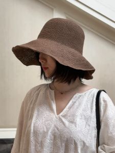 Handwoven Large Brim Straw Hat Sunshade Sun Protection Fashionable Face Slimming Vintage Blue Grey Women Summer Casual Style