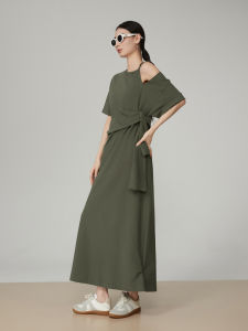 XIAODADEHUA | Olive Green Asymmetric Tie Off-shoulder Short Sleeve Dress Casual Loose Style