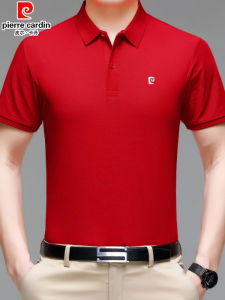 เสื้อยืดแขนสั้นผ้าคอตตอนเนื้อนุ่มปั่นด้าย Pierre Cardin สำหรับผู้ชาย คอโปโล สีแดงสด สไตล์ใหม่ แฟชั่นฤดูร้อน ปี 2024