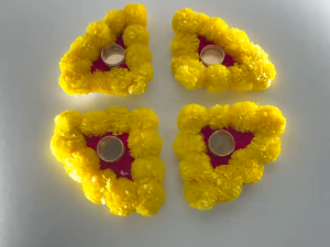 Artificial Marigold Rangoli Mat with Rajasthani Golden Gota & Tealight Holder | Festive Décor for Diwali Pooja & Weddings | Yellow-Red (4 Pcs Set)
