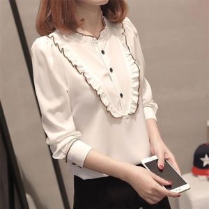 Loose Korean Style Womens Shirt Spring Autumn New Fashion Long Sleeve Stand Collar Gauze with Ear Mushroom Lace Hemline