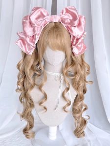 Golden Lolita Long Curly Hair Wig Womens Doll Style Clip Double Tail Breathable Natural Looking Full Head Cover Synthetic Hair