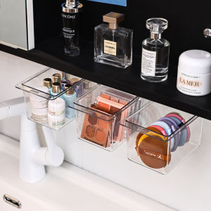 กล่องเก็บของติดกระจกในห้องน้ำ ชั้นวางของซ่อนได้สำหรับจัดระเบียบเครื่องสำอางและผ้าเช็ดหน้าแบบมองไม่เห็น ชั้นวางของใต้โต๊ะ