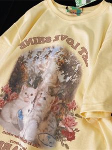 Cute Kitty American Retro Pure Cotton Short Sleeve T-shirt Male and Female Large Size Plus Size Ladies Loose Half Sleeve Couples Dress Tops