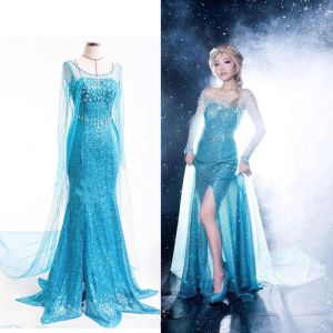 Elsa Princess Dress Disney Frozen Anna Queen Adult Birthday Cinderella Formal Gown Polyester Fabric Ethnic Stage Costume