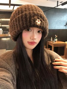 Cute Bear Embroidery Knitted Woolen Cap Womens Thickened Warm Autumn Winter Hat Large Head Size Flattering Face Knit Hat