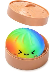 Rainbow Dumpling Squishy Toy TPR Slow Rising Stress Reliever Fidget Ball with Steamer Basket Squeeze Toys Gift for Kids Adult