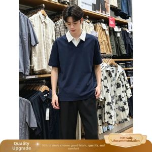 ZHUOCAN | Navy Illusion Double Layer V-Neck T-Shirt